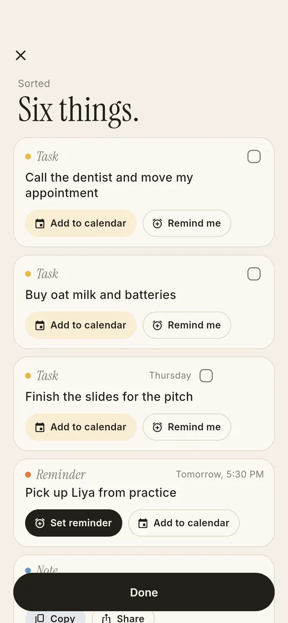 Sorted into tasks and reminders