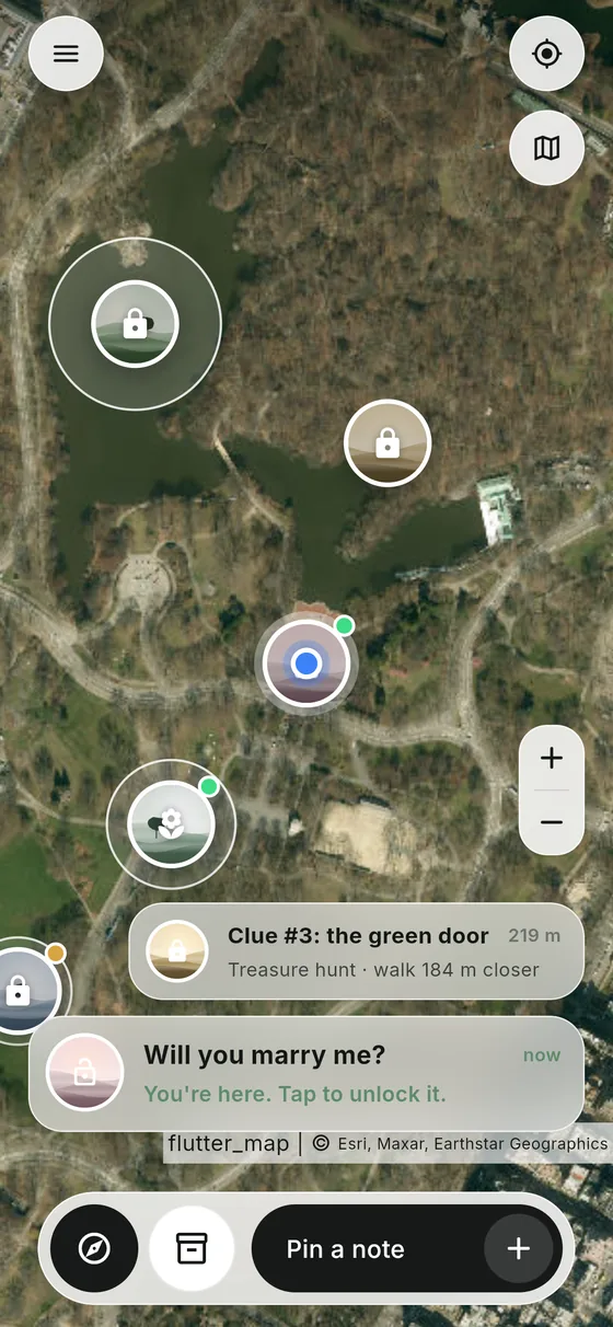 Satellite map with sealed notes and nearby cards