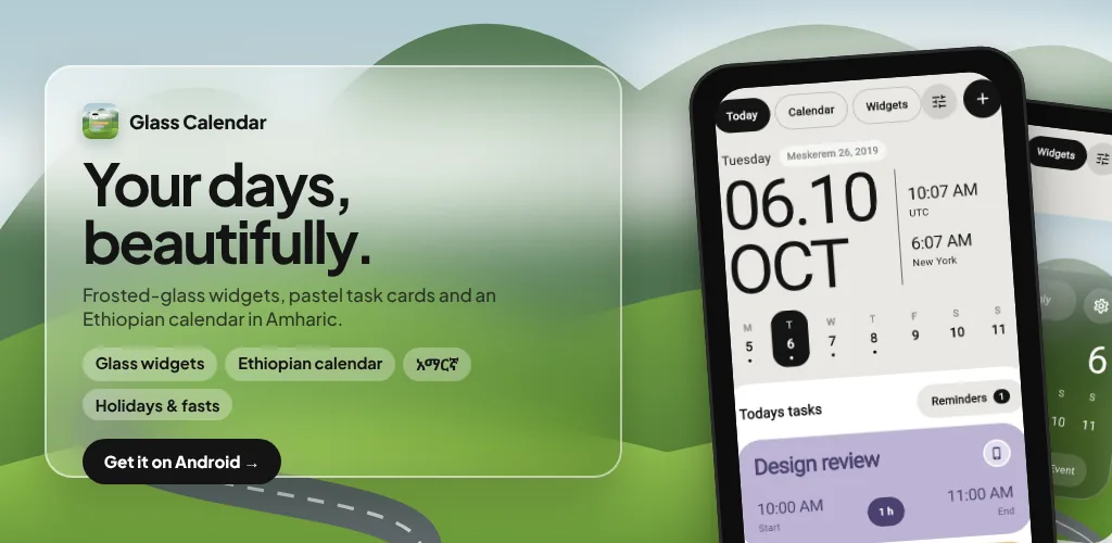 Glass Calendar feature graphic: Your days, beautifully.