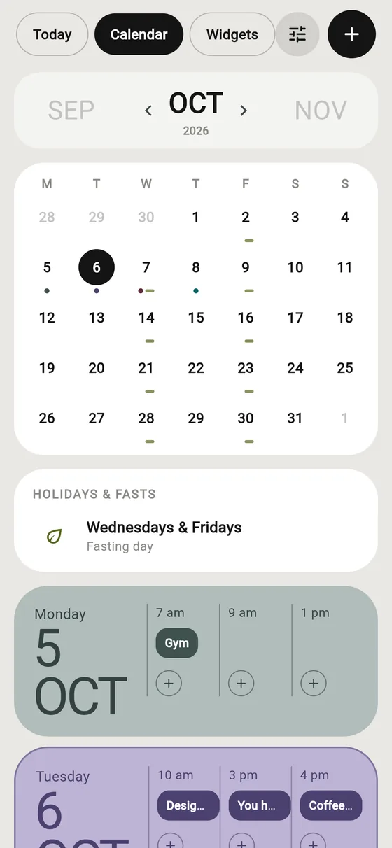 Month view with holidays and fasting days