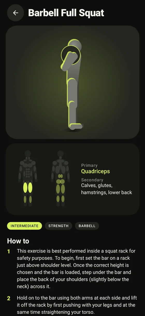 Exercise detail with muscle maps