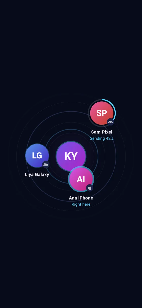 The radar: nearby phones, a transfer in progress and a phone right here