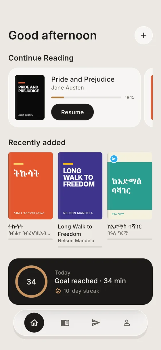 Home: continue reading, recently added and today's goal