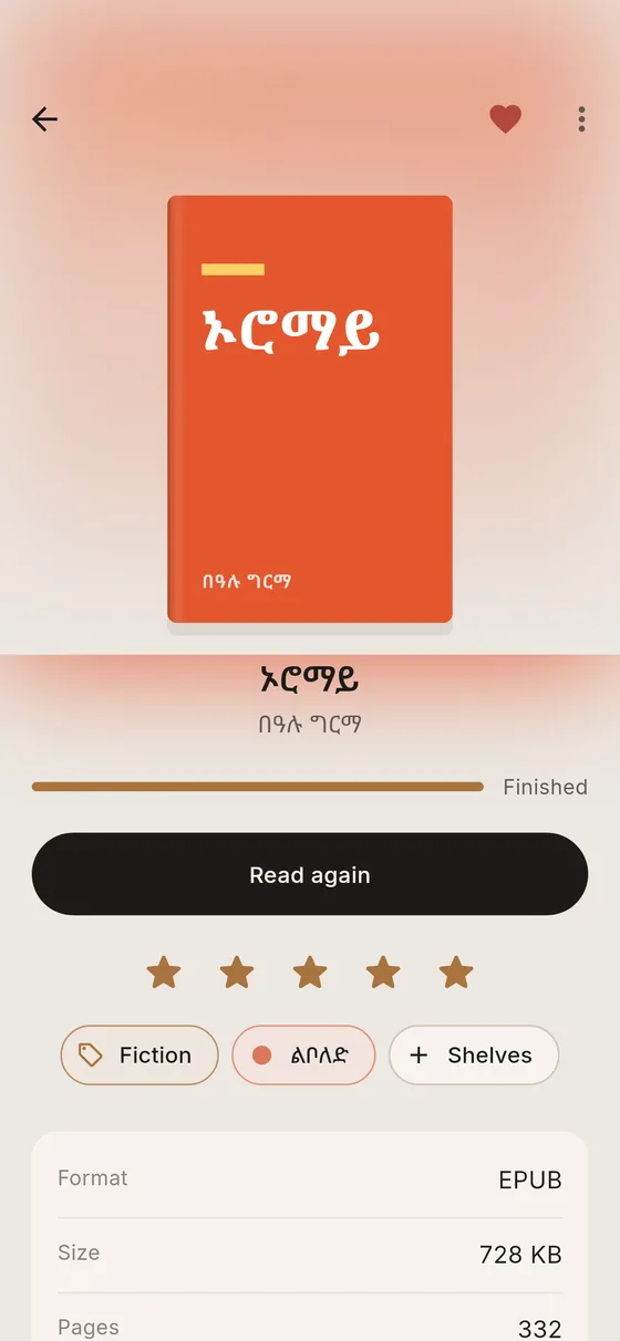 A finished book with its rating and shelves