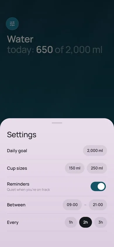 Settings: goal, cup sizes and reminders